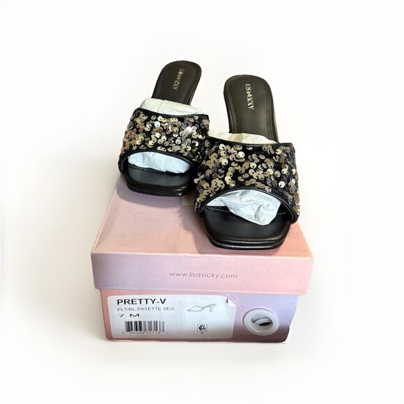 Lisa Vicky Shoes - Lisa Vicky Pretty-V Black Slide Sandal Platinum Black Sequins Size 7 Heels